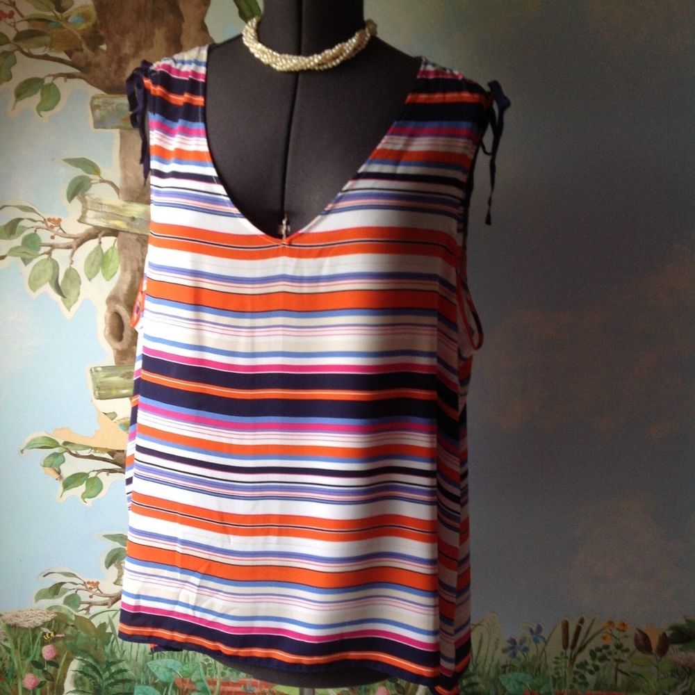 Rose + Olive women's Sleeveless V-neck  Multi-color Stripped Blouse Top Size 3X
